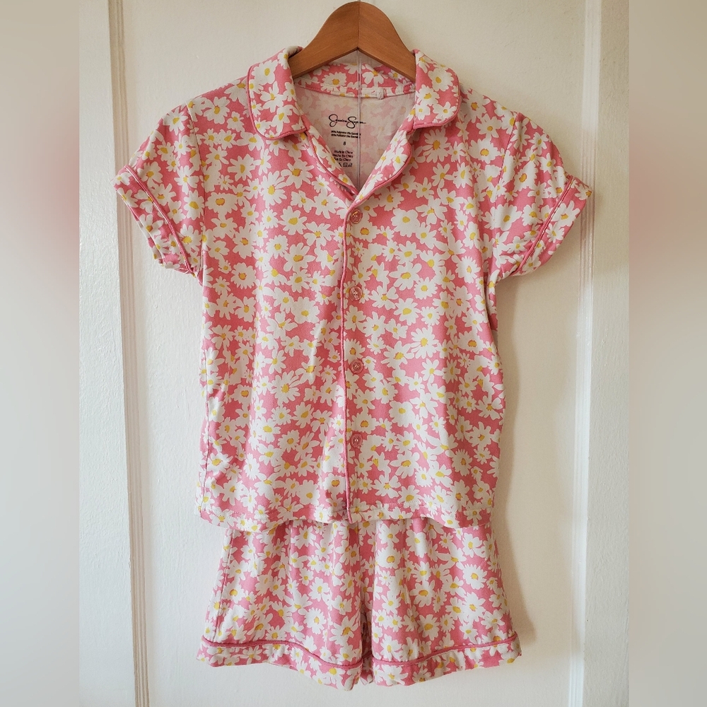 Girls Jessica Simpson Pink Daisy Short Sleeve/shorts Pajama Set Kids Size 8
